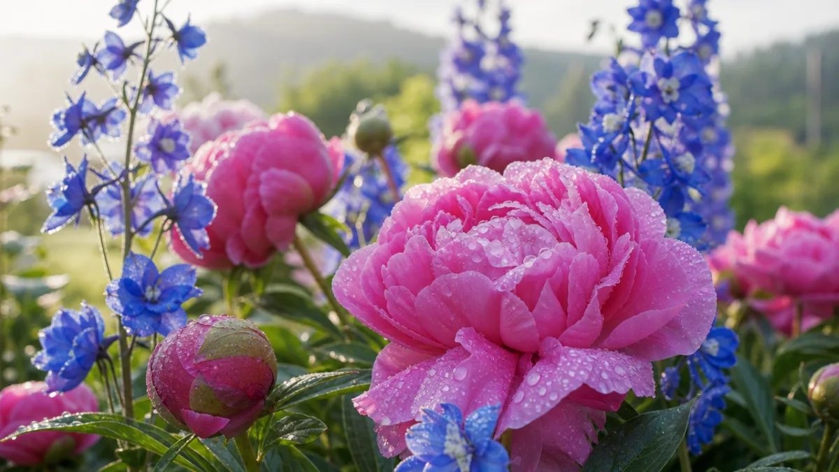 close-up of vibrant peonies and delphiniums in a Montana garden, soft morning…