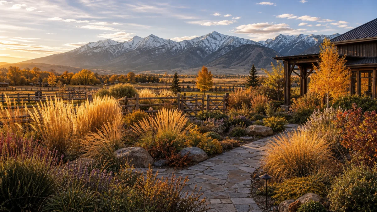 a Montana ranch garden in golden autumn light, ornamental grasses glowing amber,…