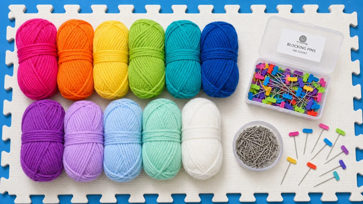 flat lay of colorful acrylic yarn skeins and blocking pins on a…