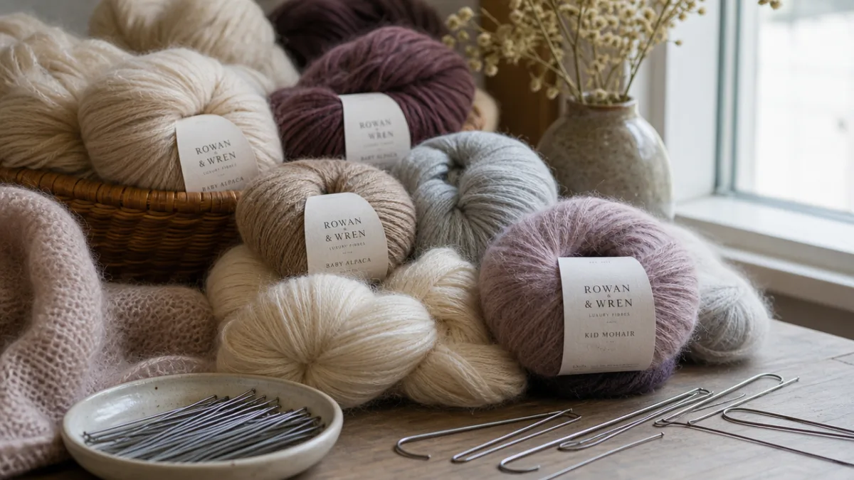 an assortment of luxury yarn skeins in alpaca and mohair with blocking…