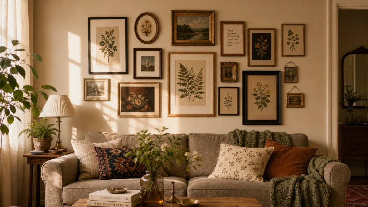 a cozy living room gallery wall with mismatched frames and botanical prints,…