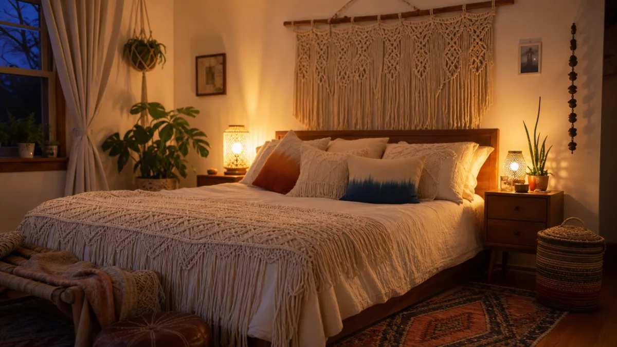 a warm bedroom with handmade macramé textiles, dip-dyed cushions, and soft evening…