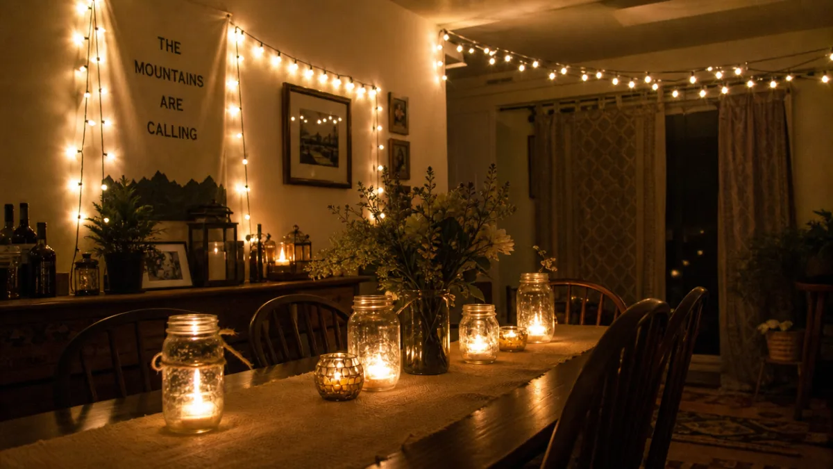 a dimly lit dining area with DIY string lights and mason jar…