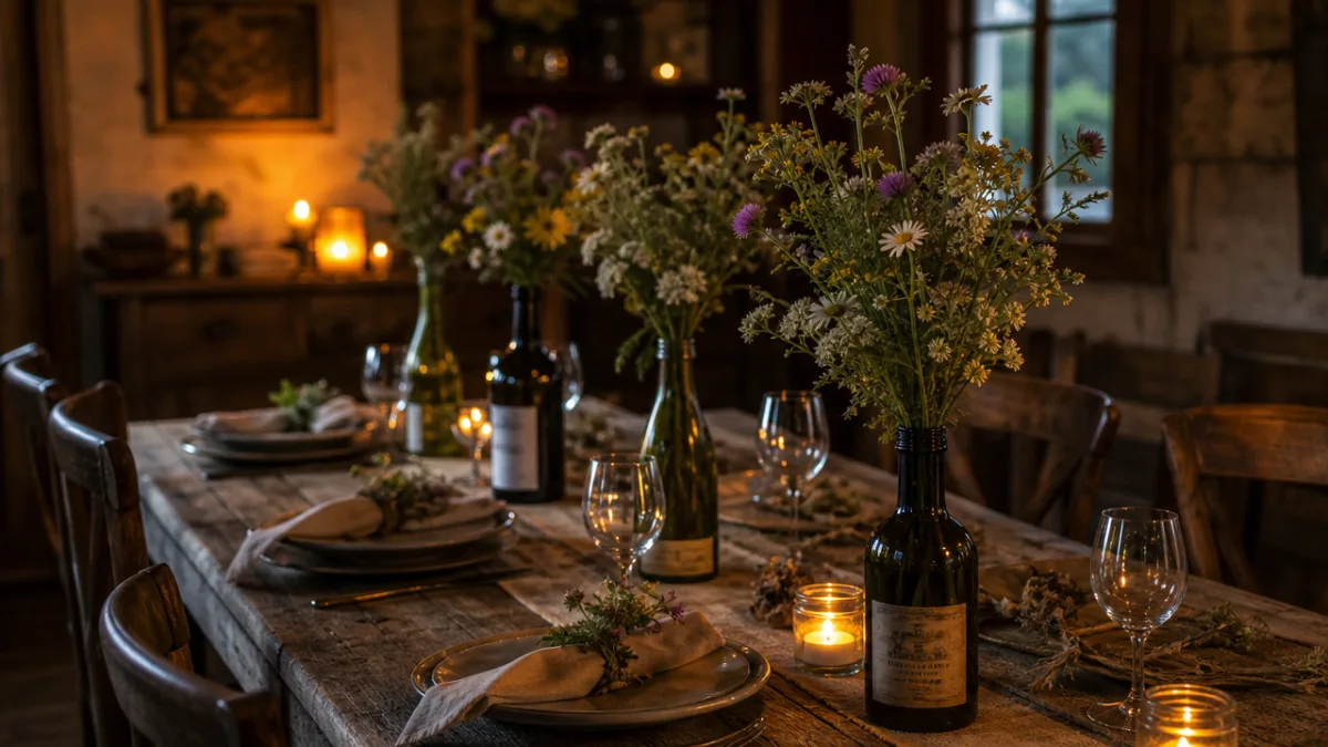 a rustic wooden dining table with wine bottle vases holding wildflowers, warm…