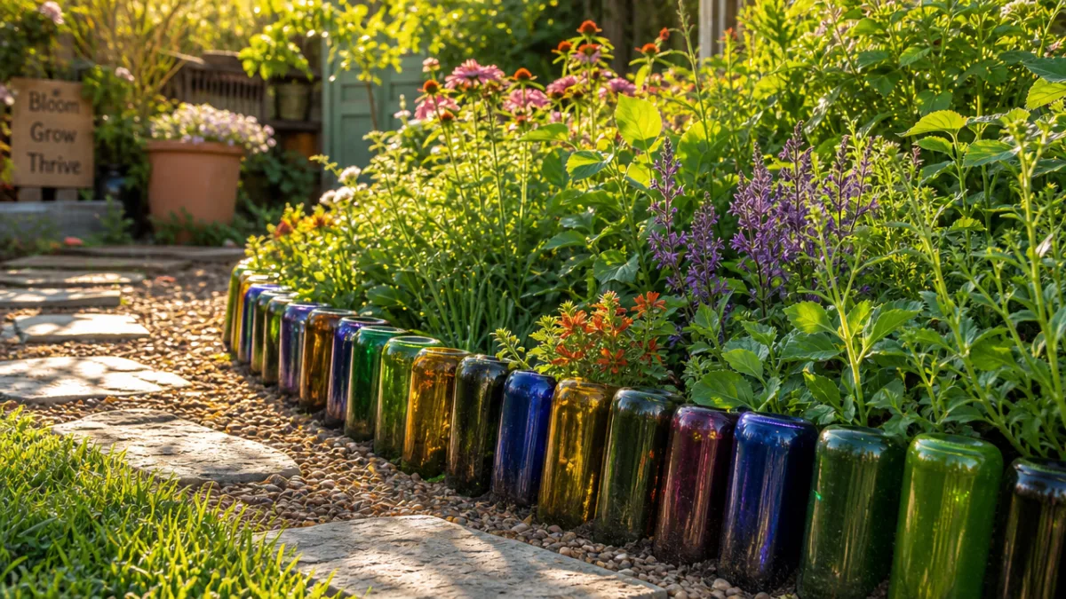a sunny garden with colorful wine bottles buried as border edging, lush…