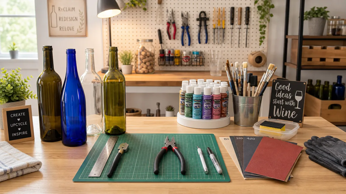 a well-lit craft table with wine bottles, cutting tools, sandpaper, and paint…