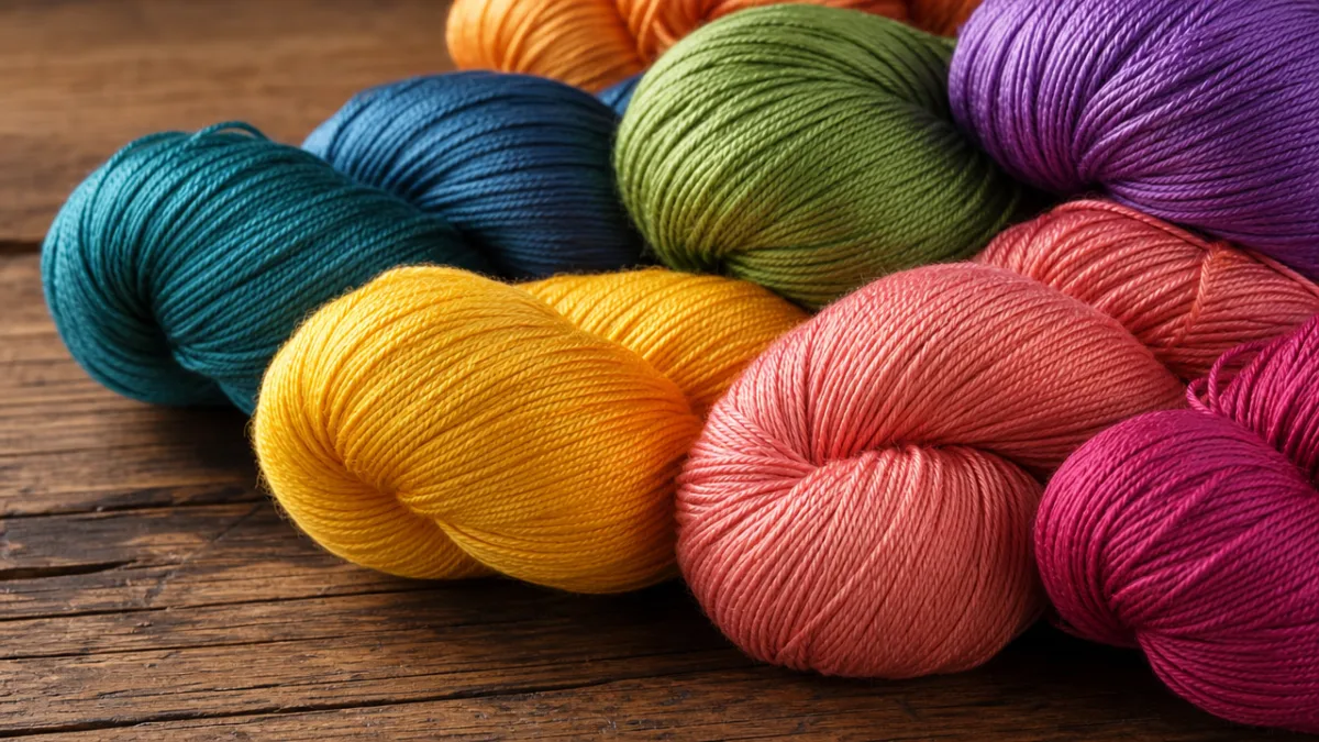 a close-up of colorful nylon yarn skeins arranged on a rustic wooden…