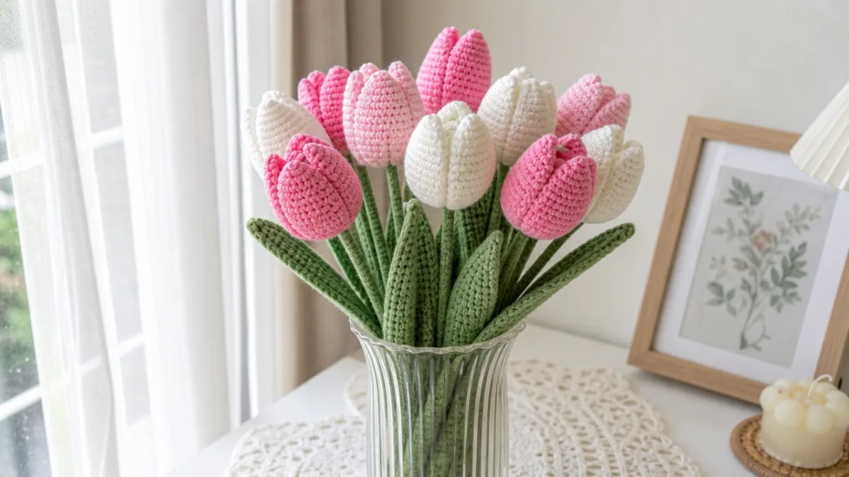 a handcrafted crochet tulip bouquet in pink and white nylon yarn displayed…