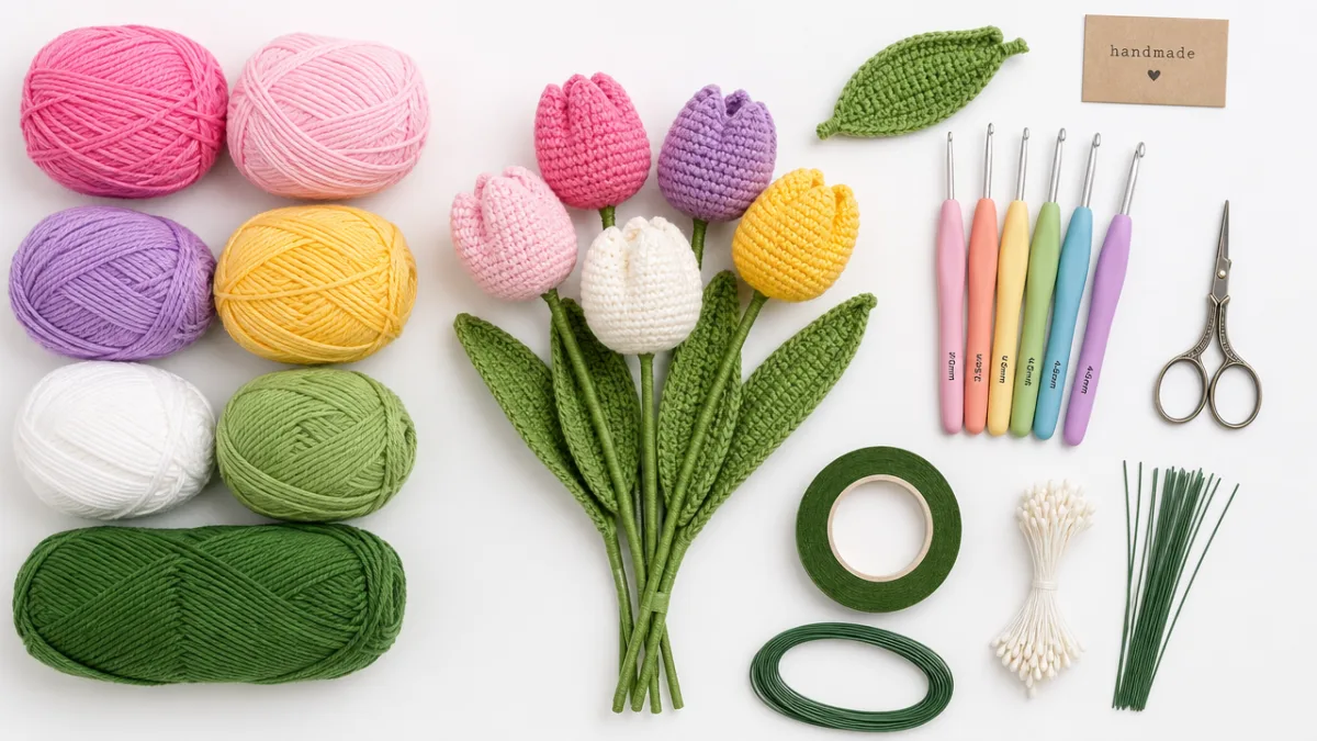 a flat lay of crochet tulip bouquet craft supplies including yarn, hooks,…
