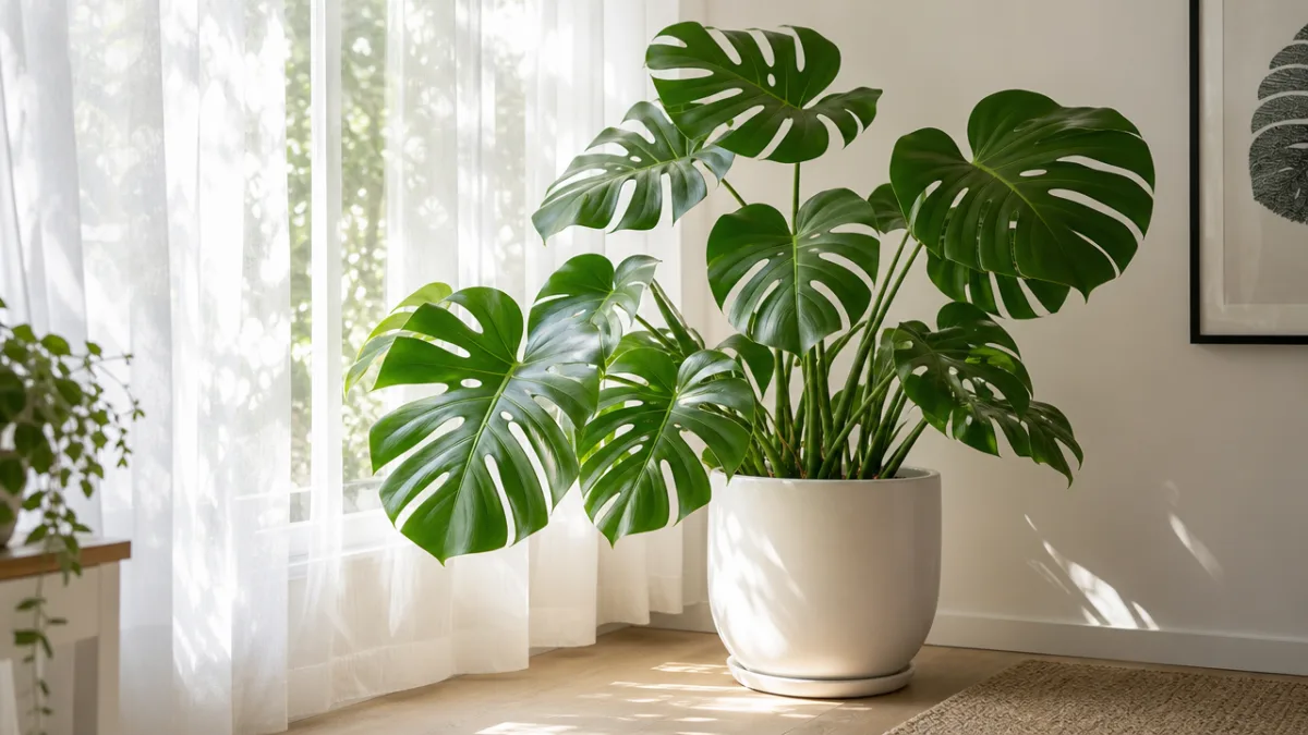 a large Monstera deliciosa in a white ceramic pot beside a bright…