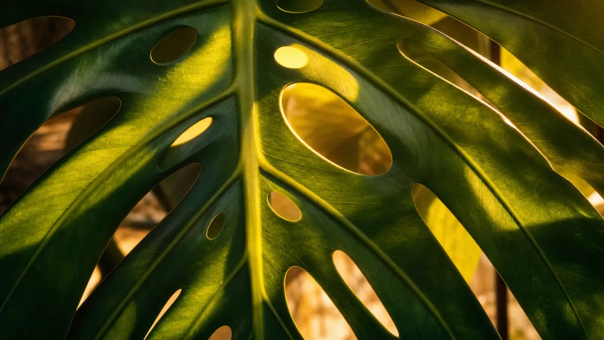 close-up of a Monstera leaf's intricate fenestrations with warm golden afternoon light…