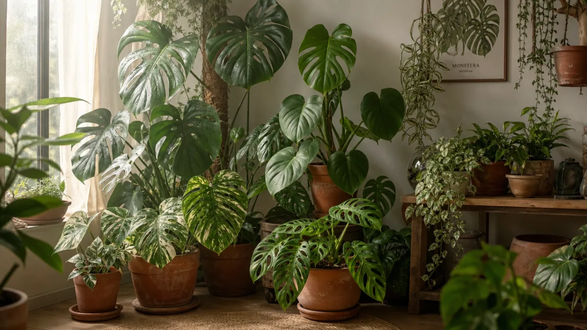 a lush indoor plant corner with multiple monstera varieties, misty morning light…