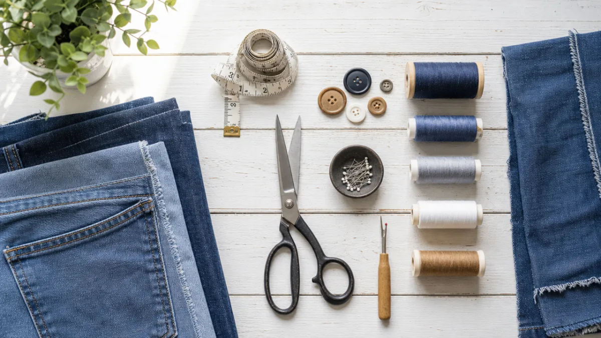 a flat lay of sewing tools, denim fabric, thread, and scissors arranged…