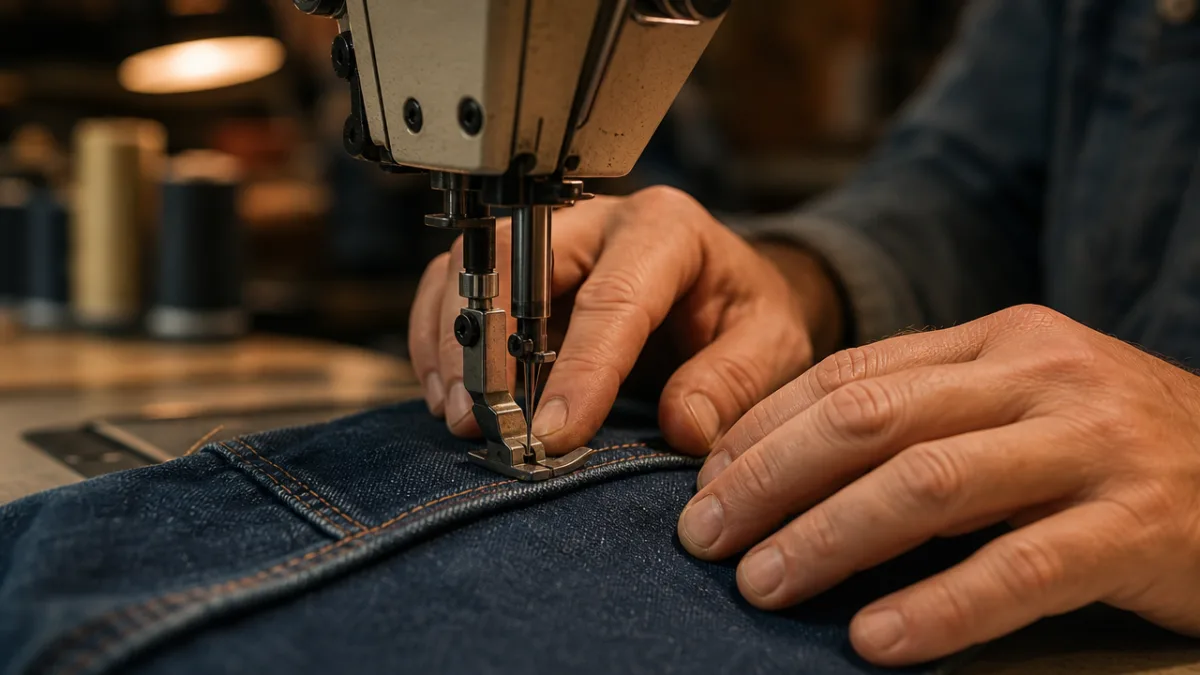 hands guiding denim fabric through a sewing machine, close-up shot with warm…