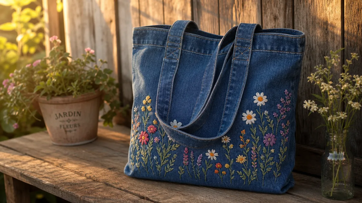 a finished denim tote bag decorated with embroidered flowers resting on a…
