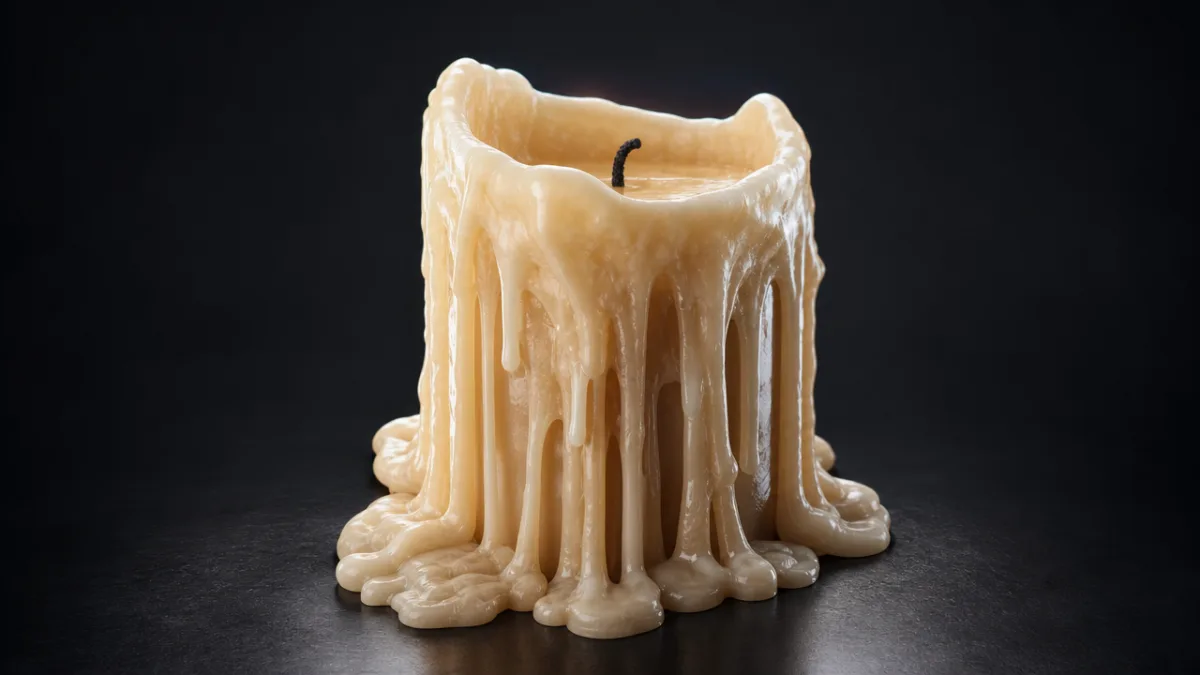 a detailed 3D render of a melted pillar candle with wax drips,…