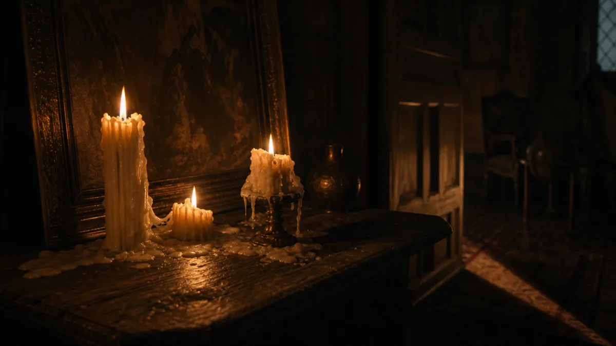 a rendered scene of melted candles in a dark atmospheric interior, warm…