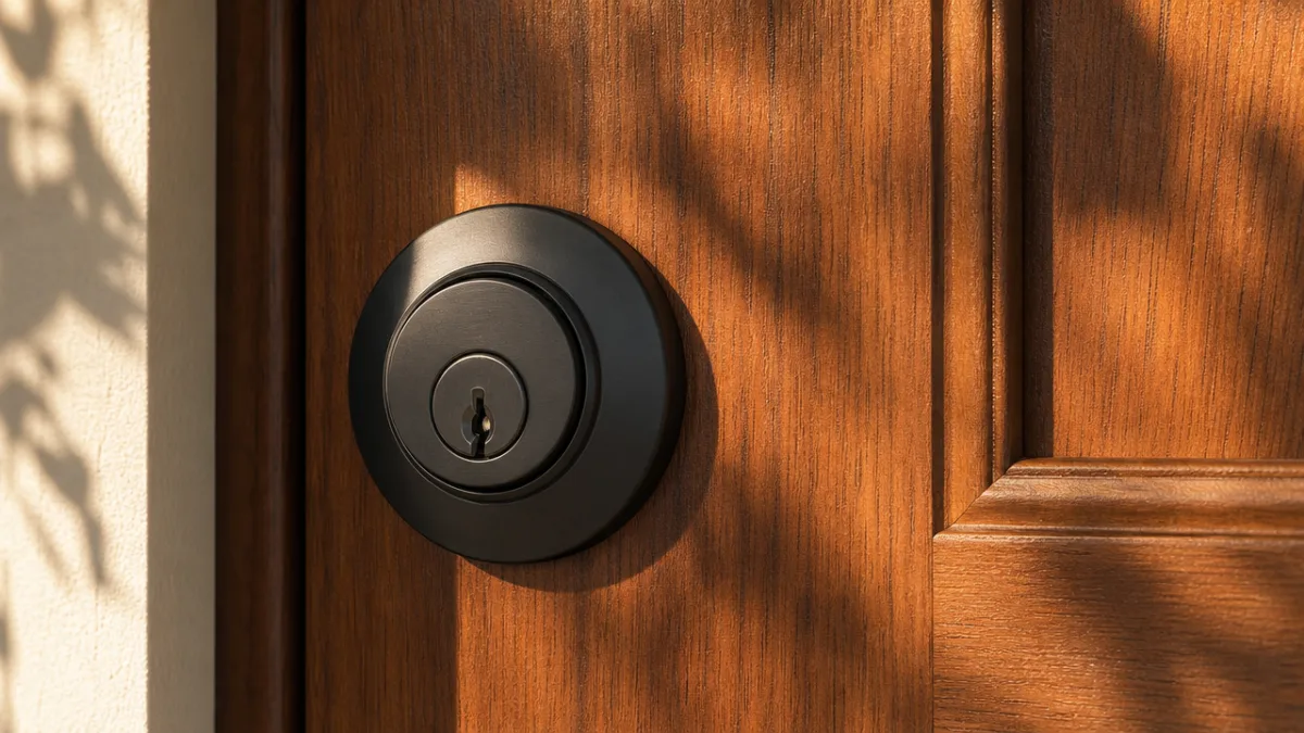 a close-up of a modern deadbolt lock on a solid wood front…