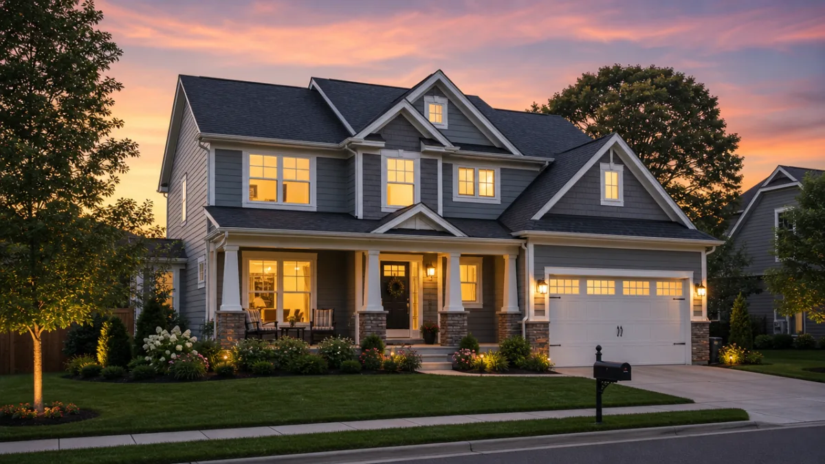 a well-maintained suburban home exterior at dusk with warm interior lights glowing…