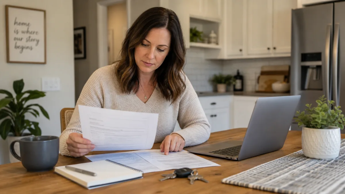 a homeowner reviewing documents at a kitchen table with a laptop and…