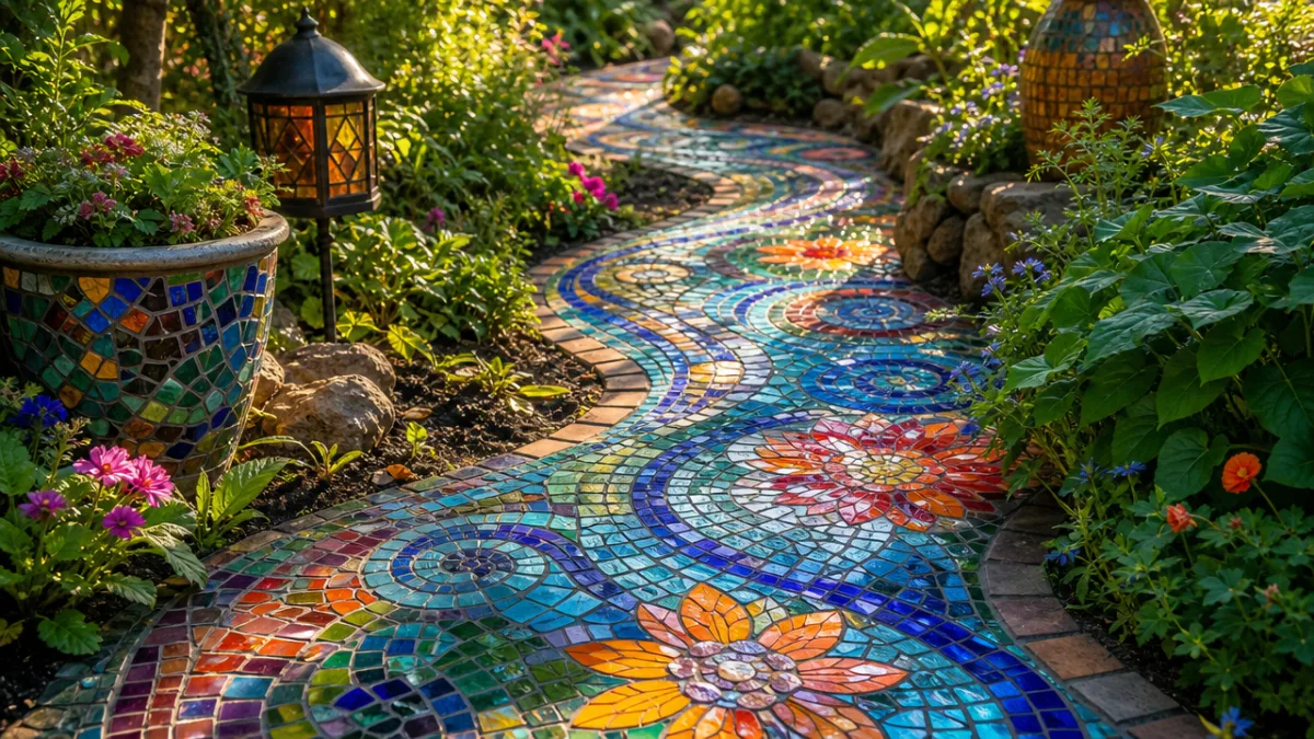 a colorful mosaic garden pathway winding through lush greenery, warm afternoon sunlight…