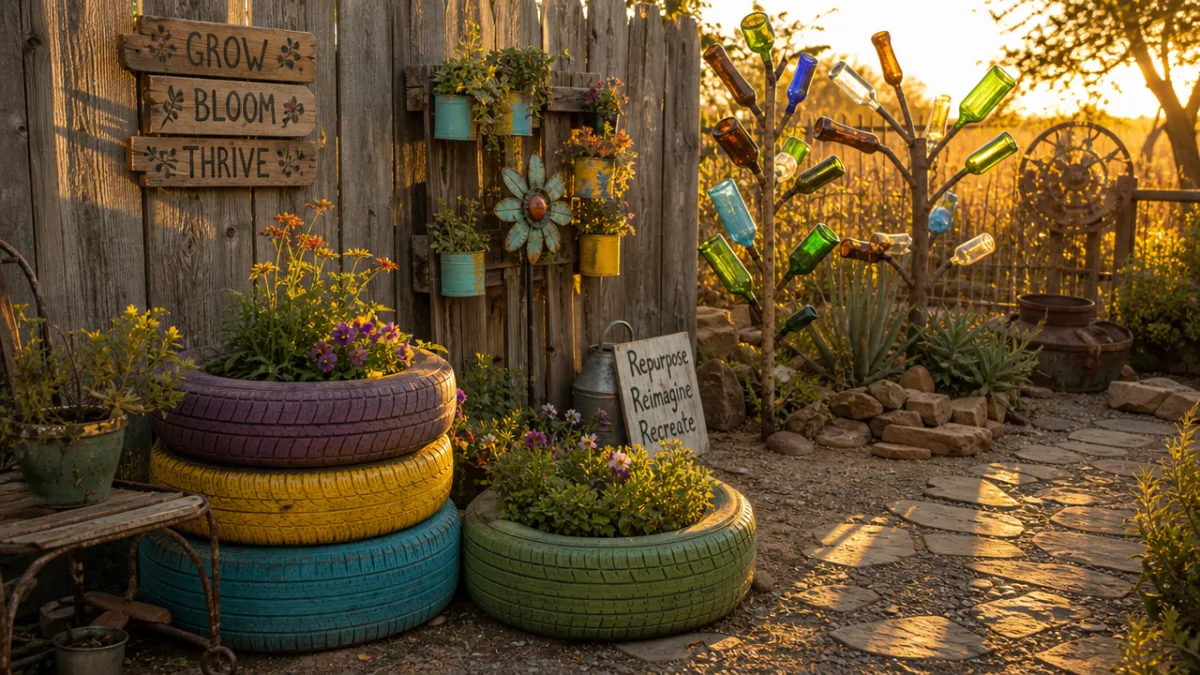 a rustic garden corner featuring upcycled tire planters and bottle trees, golden…