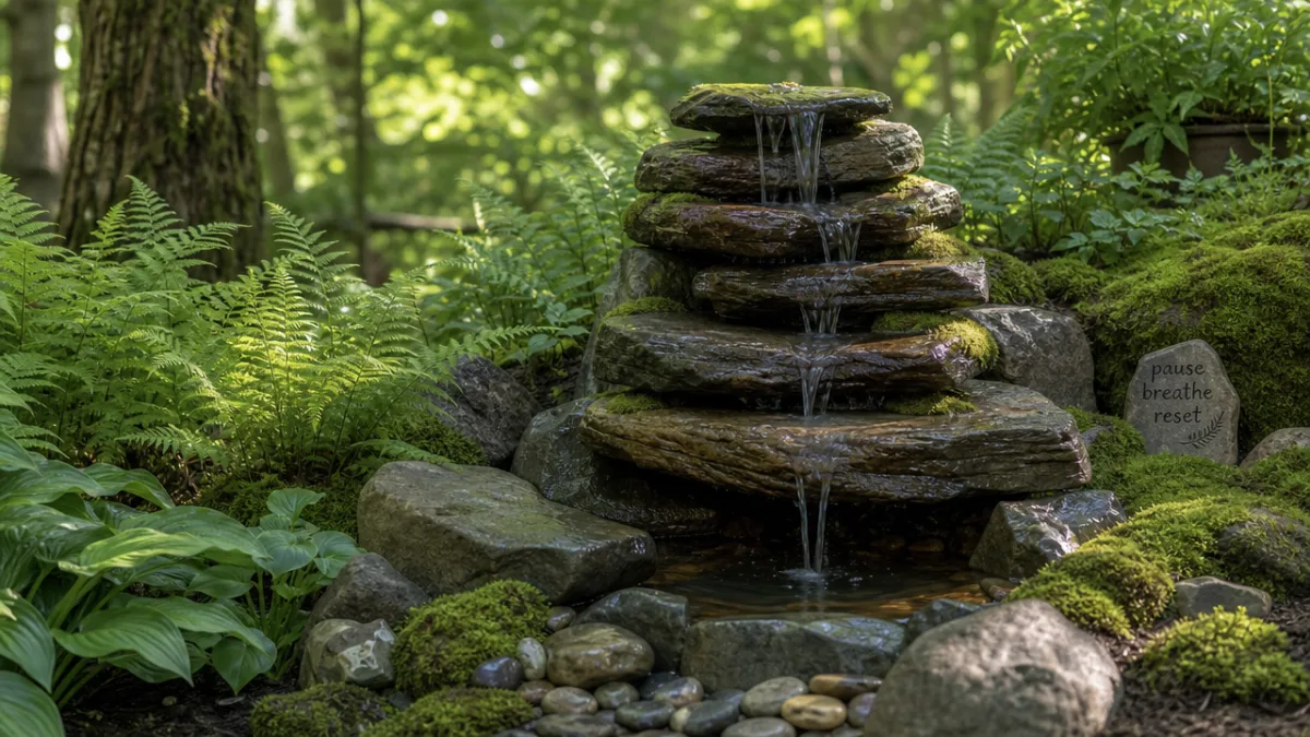 a serene DIY stacked stone garden fountain surrounded by ferns and moss,…