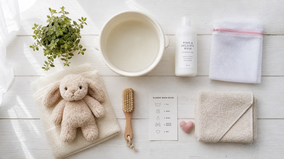 a flat lay of handmade plushie washing supplies arranged on a white…