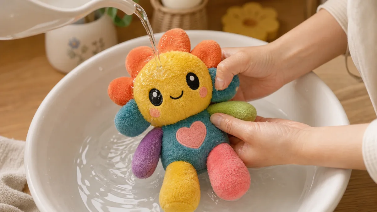 a colorful handmade plushie being gently rinsed in a white ceramic basin,…