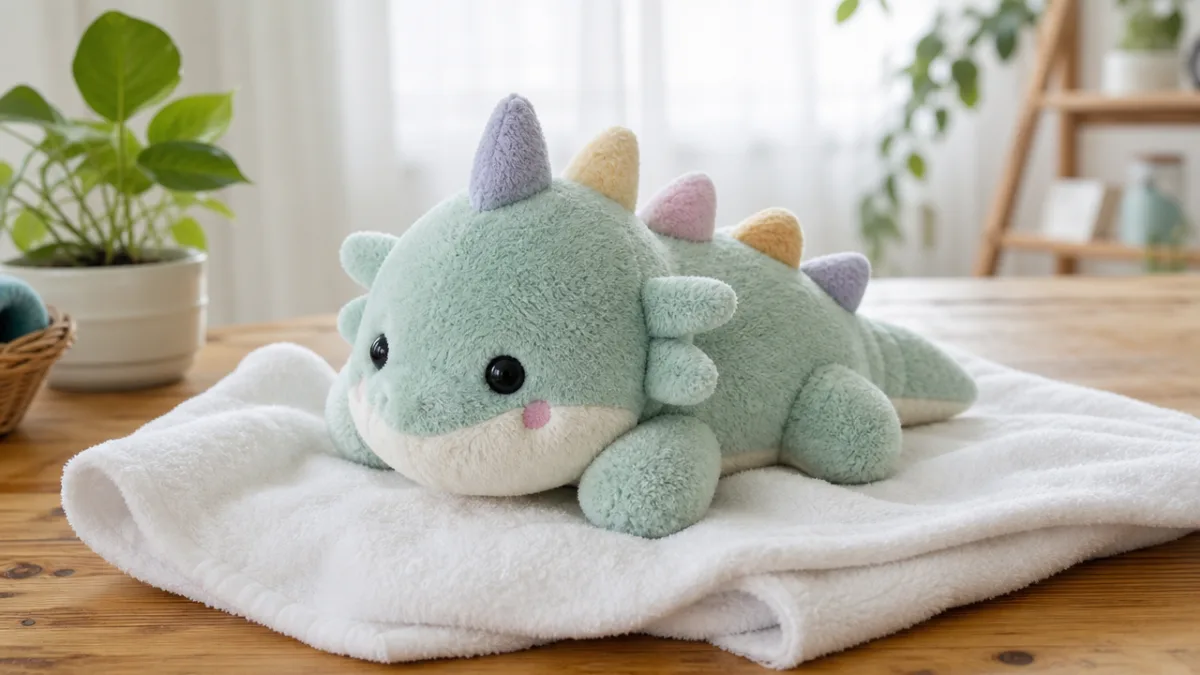 a freshly washed handmade plushie resting on a white towel on a…
