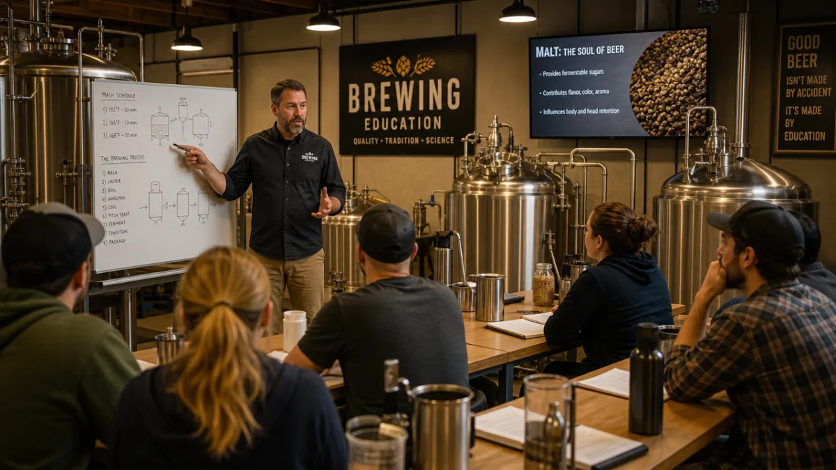 a professional brewing school classroom with brewing equipment and students learning, warm…