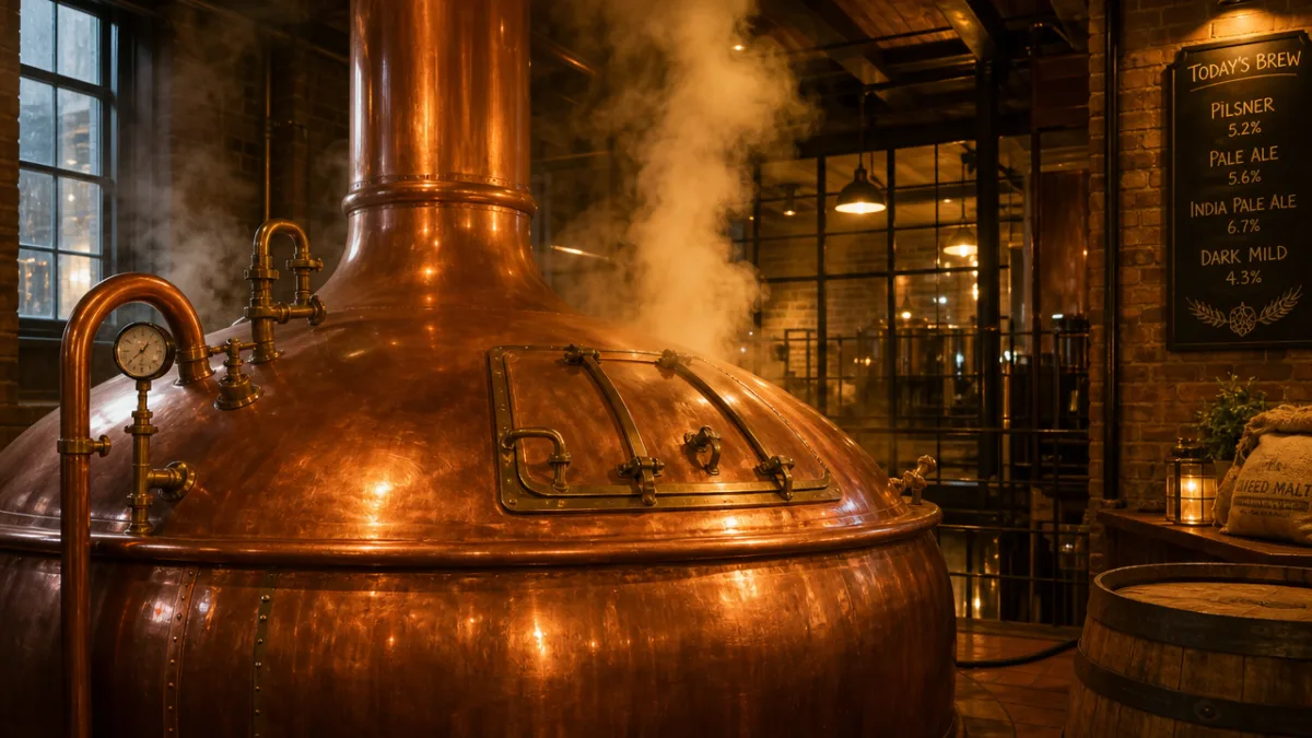 a large copper brewing kettle in an artisan brewery with steam rising…