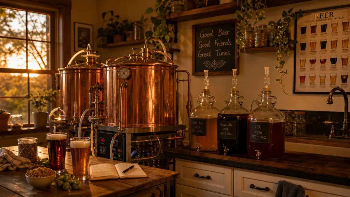 a home brewing setup with copper pots and glass fermenters in a…