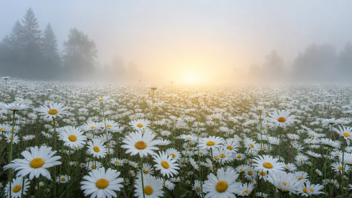 a vast field of white daisies in soft morning fog, cool diffused…