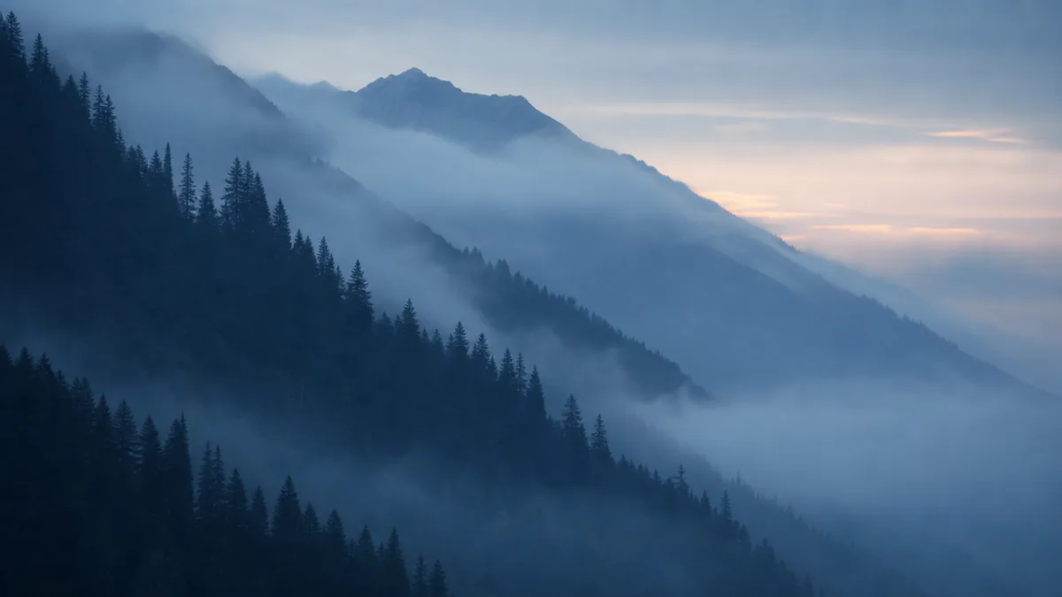 misty pine-covered mountain slopes at dawn, layered dark silhouettes receding into soft…