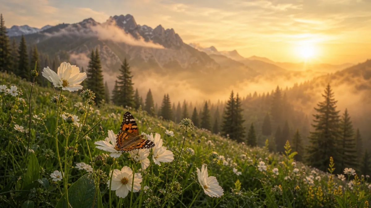 a golden-hour foggy mountain meadow scene with white wildflowers and butterfly in…