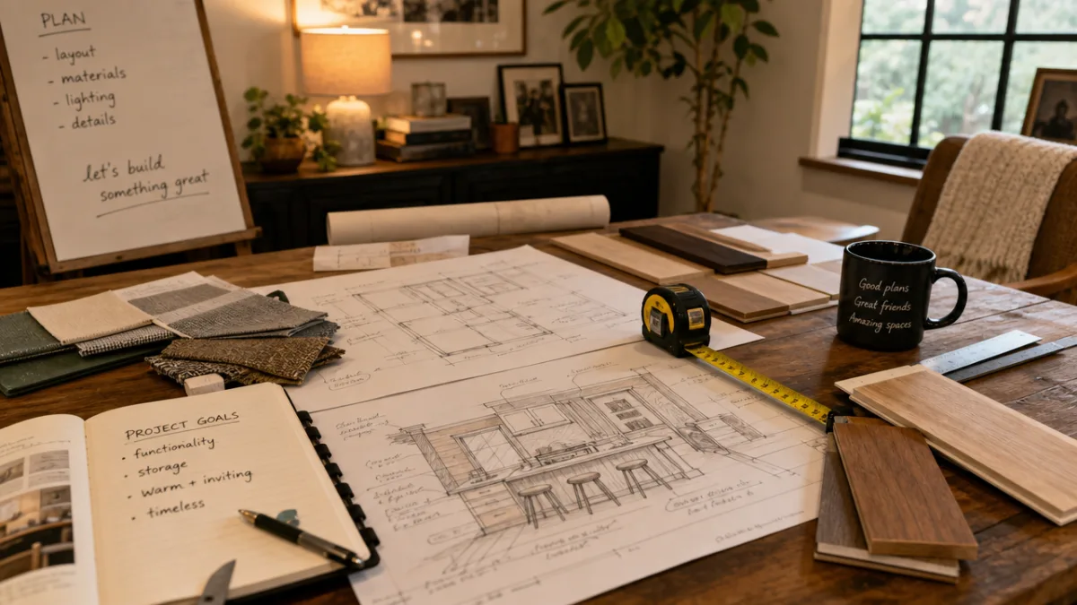 a warmly lit home office planning session with sketches, tape measure, and…