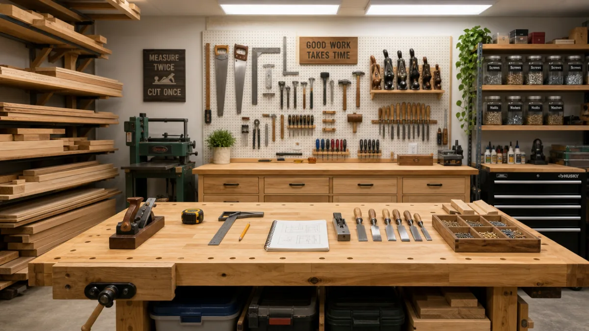 a well-organized workshop with neatly arranged woodworking tools, lumber, and hardware on…