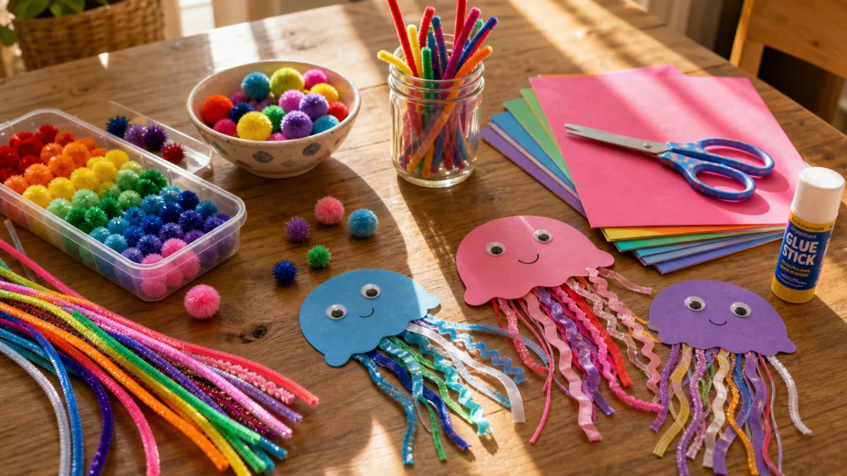 a sunlit wooden table covered with colourful craft materials including pom poms,…