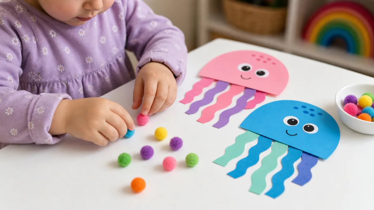 a toddler's hands carefully placing colourful pom poms near bright jellyfish paper…