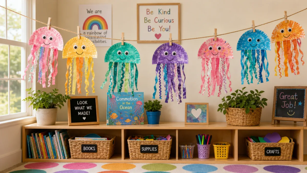 a cheerful preschool classroom shelf displaying completed colourful jellyfish crafts hanging from…