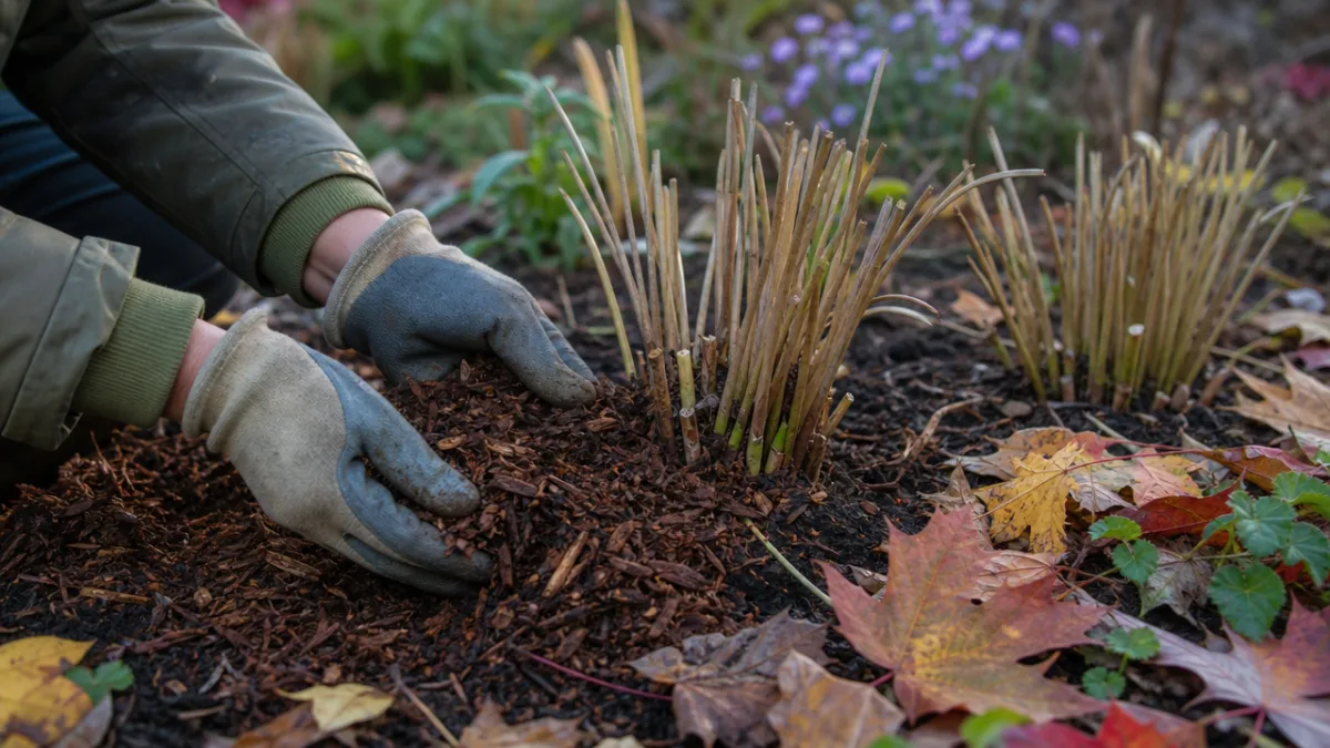 a gardener's hands gently mulching around dormant crocosmia clumps, cool autumn light…