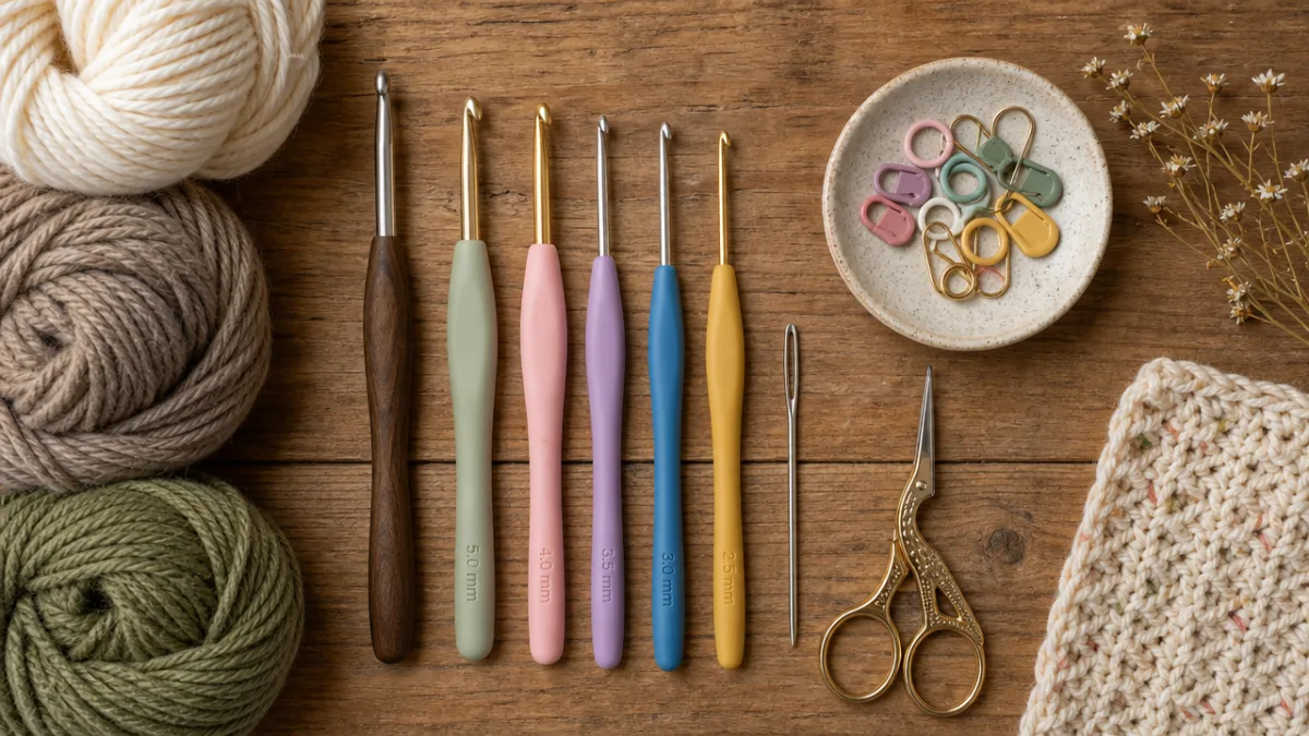 a flat lay of crochet repair tools including hooks, yarn needle, stitch…