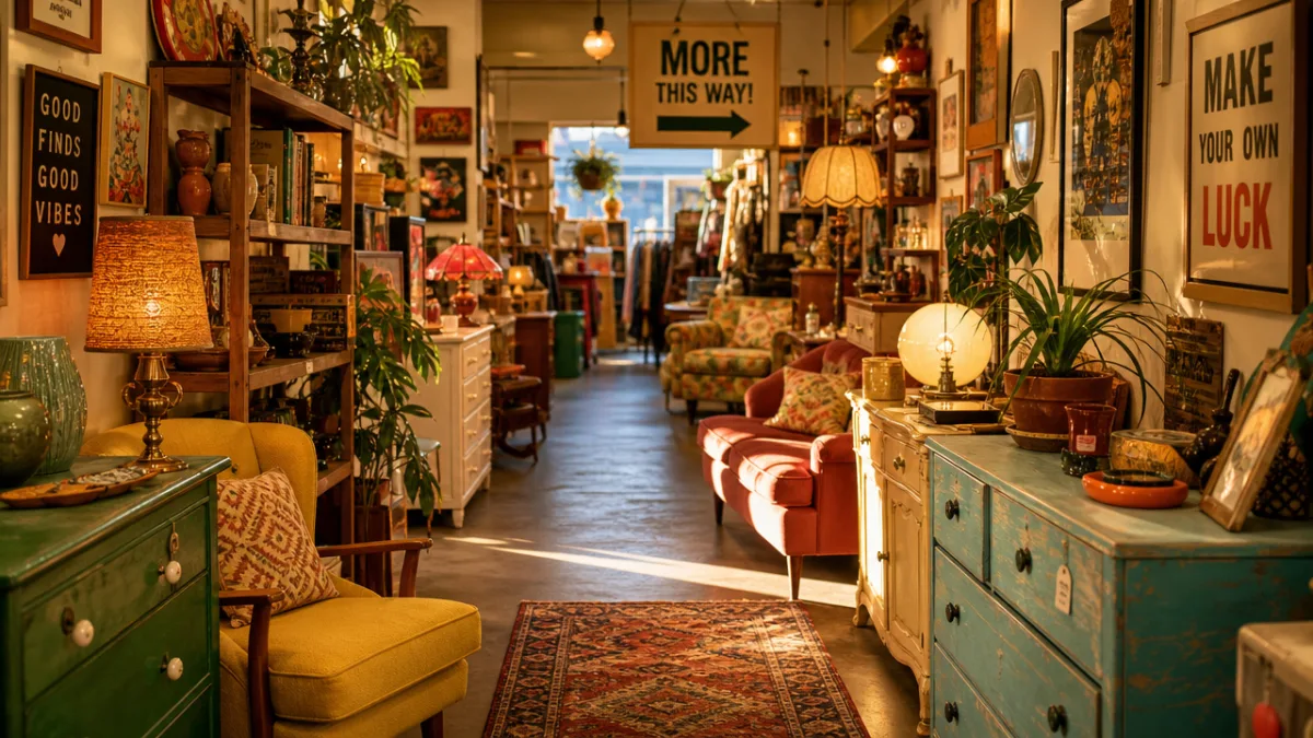 a warmly lit thrift store aisle filled with colorful secondhand furniture and…