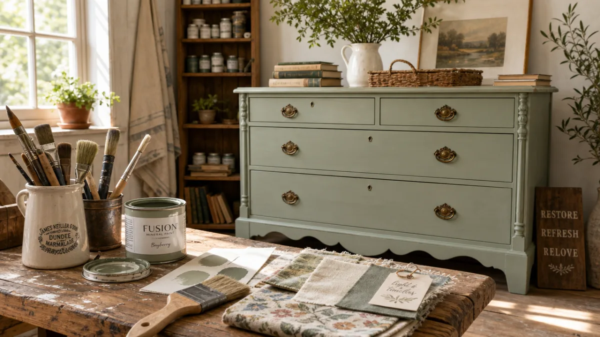a sunlit workshop with a repainted vintage dresser, paint brushes, and fabric…