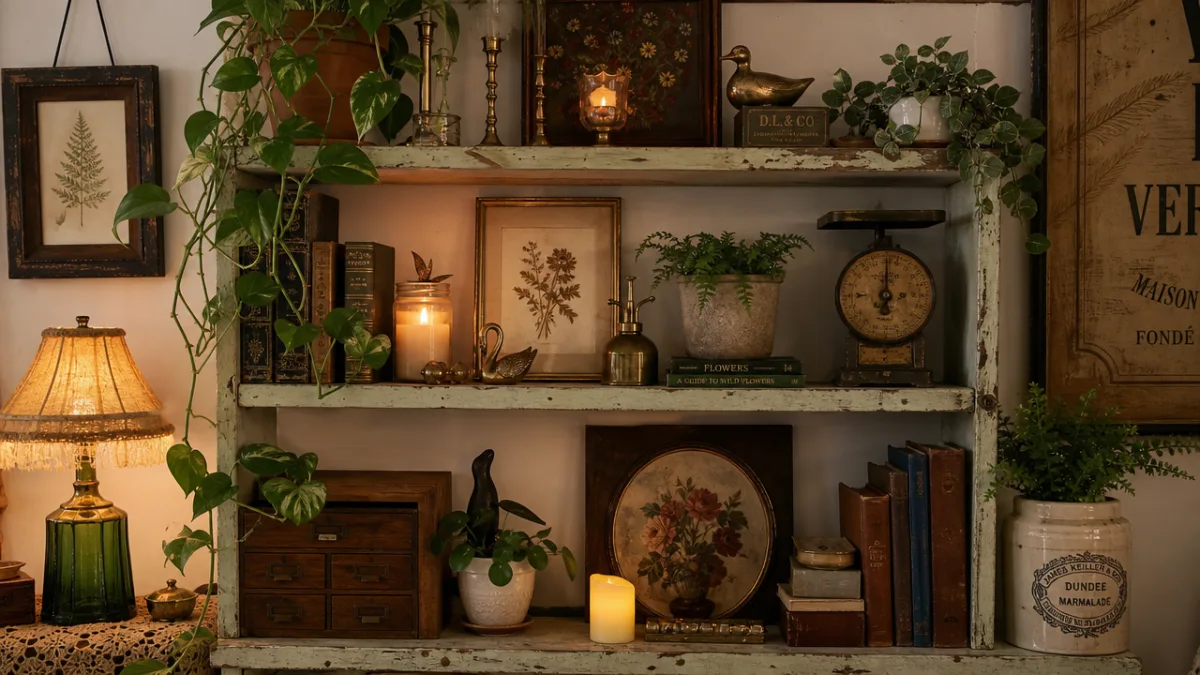 a beautifully styled vintage upcycled shelf display with plants, candles, and thrifted…