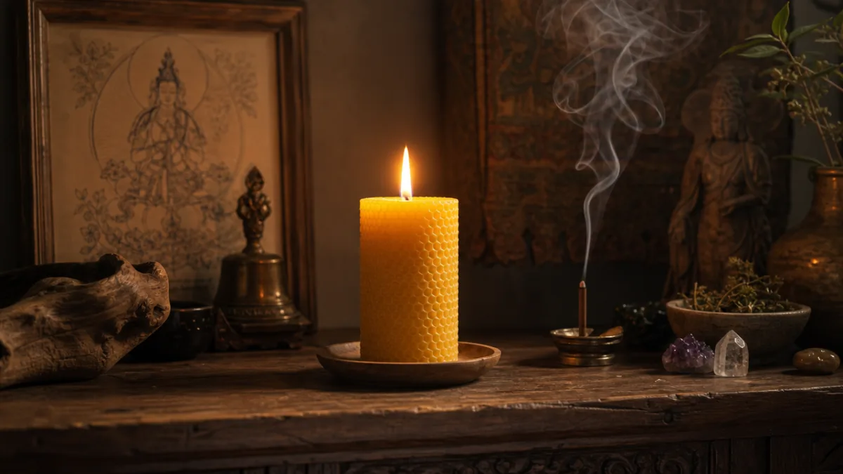 a single beeswax pillar candle glowing on a wooden altar with soft…