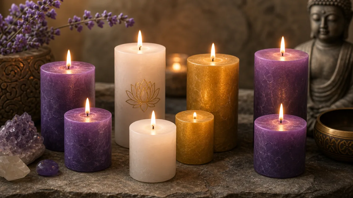 an arrangement of colored meditation candles in purple, white, and gold on…