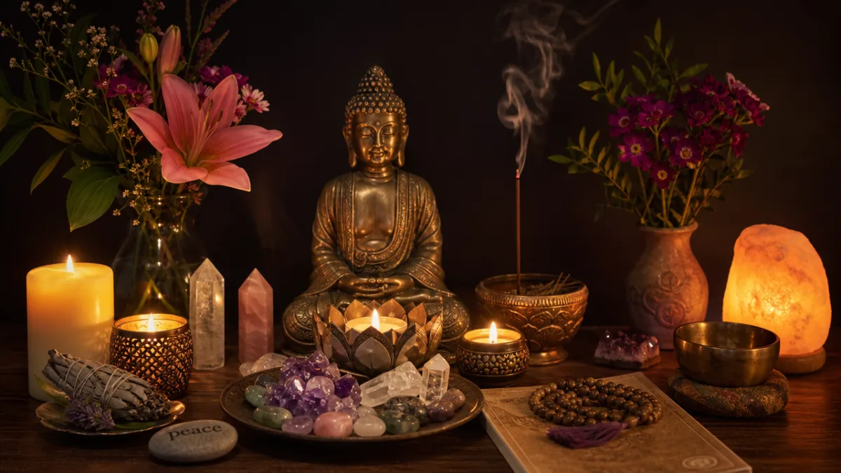 a serene meditation altar with candles, crystals, flowers, and incense in warm…