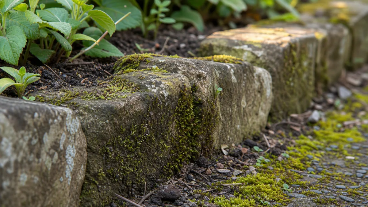 a close-up of weathered garden edging stones with moss and soil, soft…